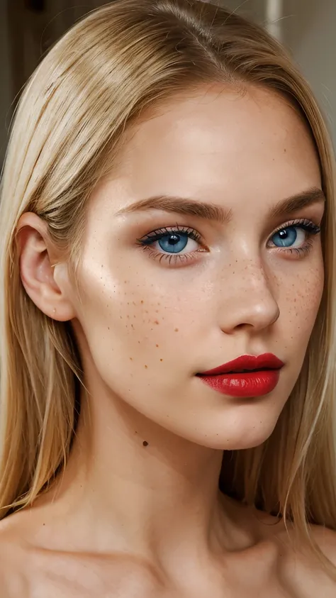 Beautiful skinny girl, elongated face and thin chin, freckles, blonde, blue eyes, red lipstick, beautiful makeup, white skin,top , just face 