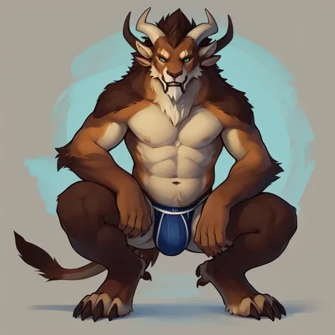 Feral charr crouching,hand on leg, spreading legs,big boy,seductive jockstrap,beautiful face, charr from guildwars,explicit art, (Art by snowskau, snowskau style)