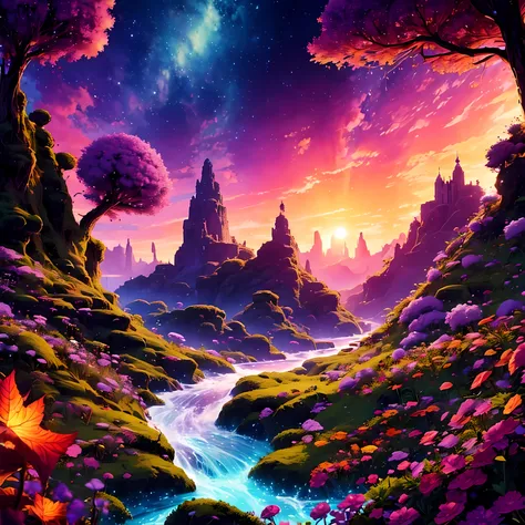 fantasy meadow, tree with purple leaves, sunset, glowing light particles in the leaves, river, anime, colorful