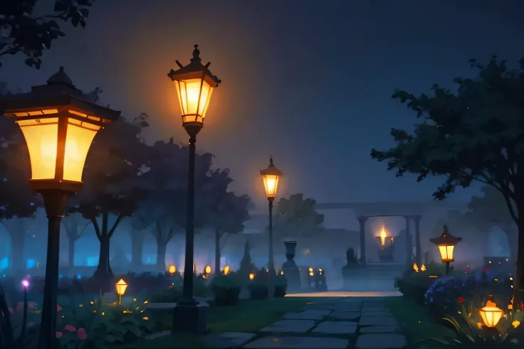 zephyr garden，night，fog