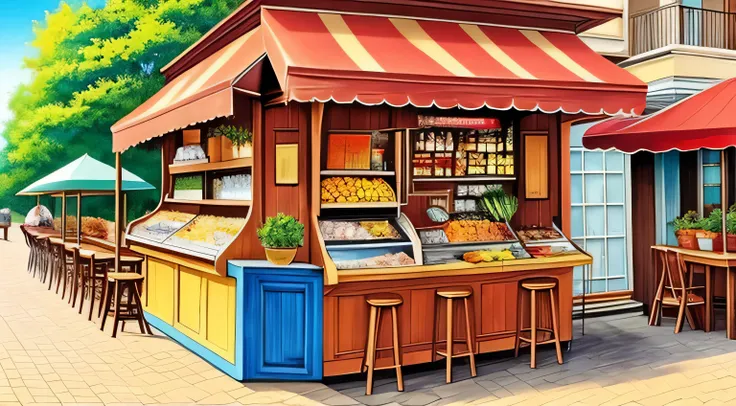 Park where you hang out, there is a cigarette/drink stall or a meatball seller, cartoon style --auto --s2