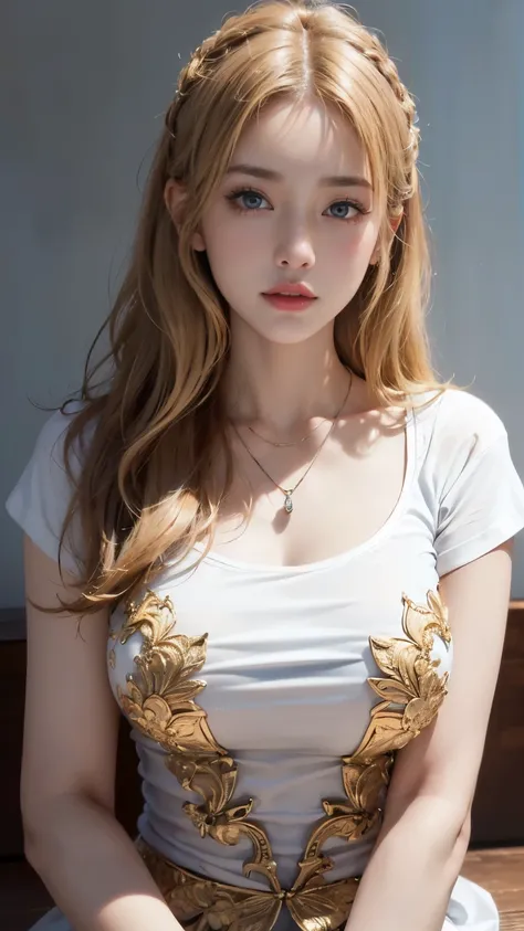 (8K photo:1.1), professional lighting, (Nylon tight T-shirt), (Masterpiece of the highest quality), ( face with intricate details), ( 珰, bracelet, necklace), high detail, (beautiful detailed face), hazel eyes, beautifully set blonde hair, (attractive若い女性:1...