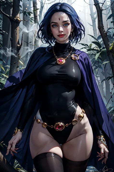 1girl, cowboy shot of rvn, hotraven, pale skin, black leotard, seductive look, massive breasts, wide hips, milf look, turtleneck, tights, cape, glowing eyes, gold belt, jewels, medallion, athletic, looking at viewer, grinning, content, night, dark forest, ...