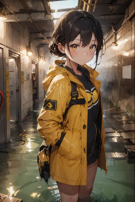 masterpiece, best quality, 1girl, (closeup),(yelow coat, goggles), (serious, dirty face, dirty clothes), in a flooded subway, (f...