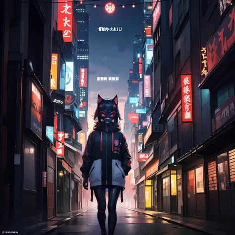 Un enfant avec un masque marche dans les rues de Tokyo. la ville s&#39;t&#39;inspirer cyberpunk. les letters japonaises et les neons de la ville. l&#39;Les enfants portent une combinaison et un masque. style : manga, Cyberpunk. le soleil se couche, coucher...