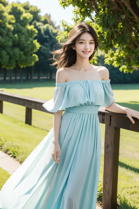 (masterpiece), (best quality), photography award winning, 1girl, long dress, off shoulder, sexy, posing, smile, outdoor, sunny, ...