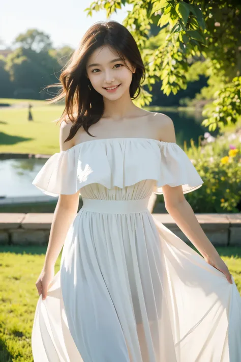 (masterpiece), (best quality), photography award winning, 1girl, long dress, off shoulder, sexy, posing, smile, outdoor, sunny, ...