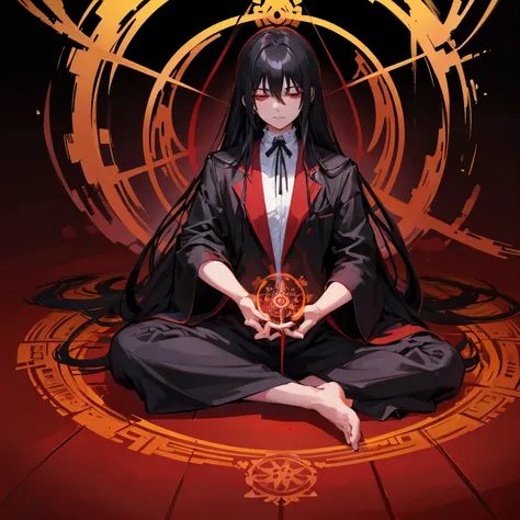 frontage　Hellsing　Alucard　male person　black haired　meditate on the floor　closed both eyes　Blood background mandala