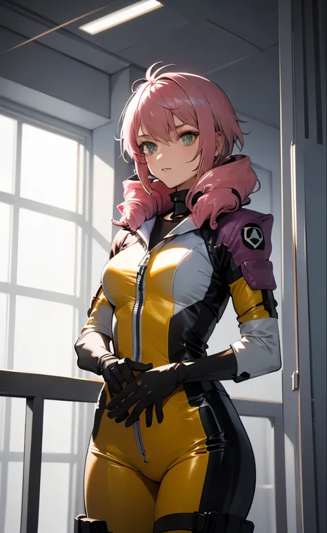 masterpiece, best quality, 1girl, short hair, drill hair, pink platinum hair, yellow space suit, white collar, gray gloves,