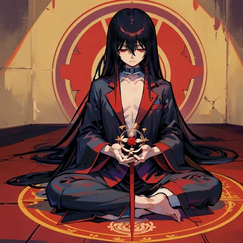 hellsing　alucard　male person　black haired　meditate on the floor　closed both eyes　blood background mandala