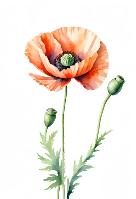 （Close-up of just one poppy flower：1.37），minimalist style，Leave blank background，Watercolor flowers，watercolor painting，watercolor painting，illustration