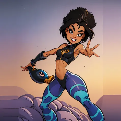 cartoon character of an African young Cyborg teenage girl, 20 years  with vibrant and modern sense of fashion, stylish and futuristic attire, dark hair, thin, with a big smile, small and thin nose, Fighting scene, animation character, stylized character, a...