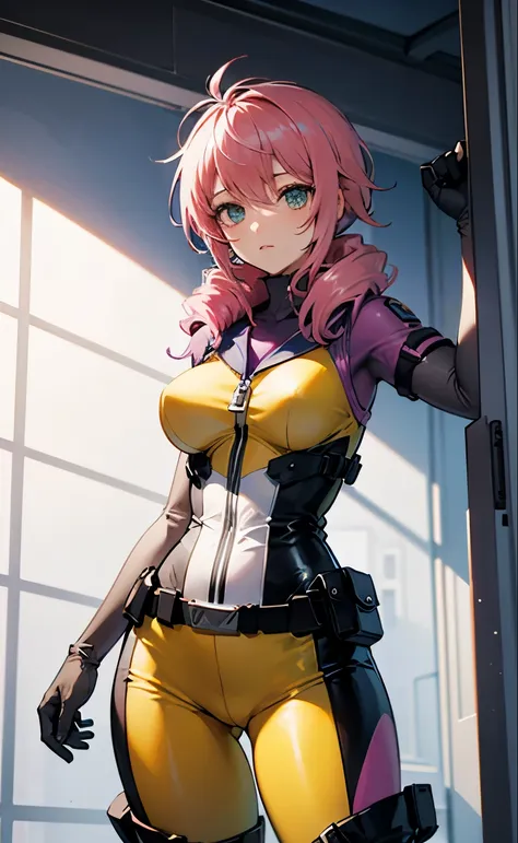 masterpiece, best quality, 1girl, short hair, drill hair, pink platinum hair, yellow space suit, white collar, gray gloves, slen...