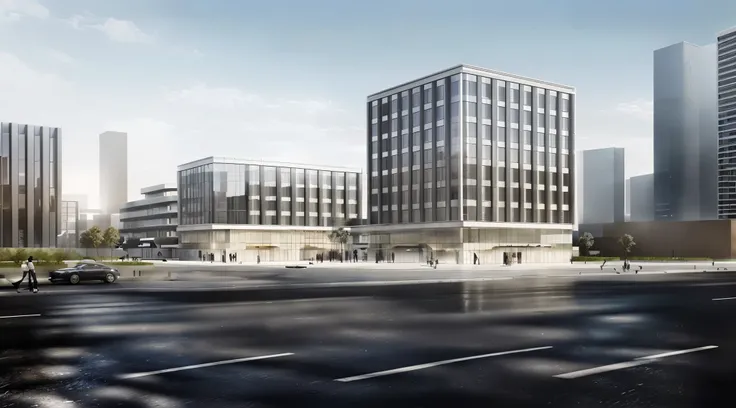 masterpiece,high quality,Commercial Building,architectural design,There is a square in front of the building,In front of the square is the road,There is a lot of traffic on the road,There are many people in the square,There are two buildings standing in th...