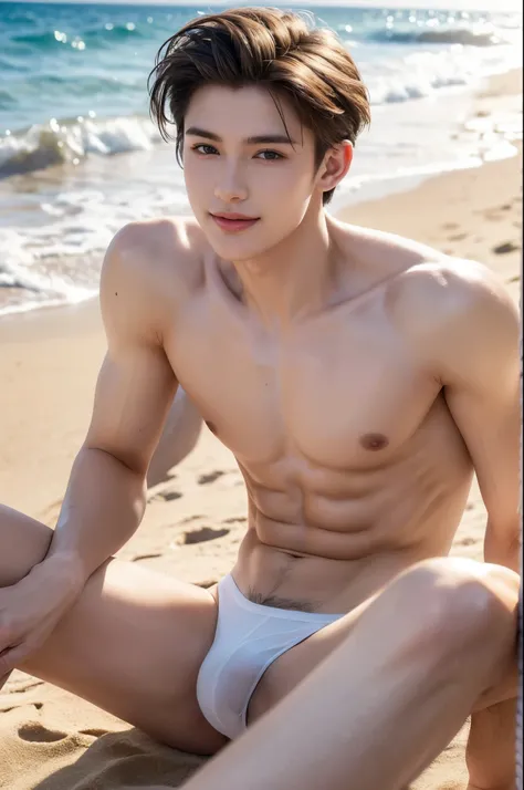 ((best quality)), ((masterpiece)), (detailed), manly looking caucasian boy, perfect male face, realistic twink, very skinny body, thin young male, gorgeous young model, 16 years old, quiff haircut, smooth golden skin, full body, on an aesthetic beach, smil...