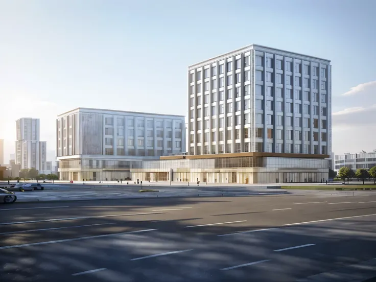 ((best quality)), ((masterpiece)), ((Reality)),bule-sky,Commercial Building,architectural design,There is a square in front of the building,In front of the square is the road,There is a lot of traffic on the road,There are many people in the square,There a...