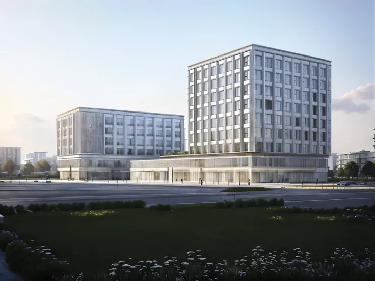 ((best quality)), ((masterpiece)), ((Reality)),bule-sky,Commercial Building,architectural design,There is a square in front of the building,In front of the square is the road,There is a lot of traffic on the road,There are many people in the square,There a...