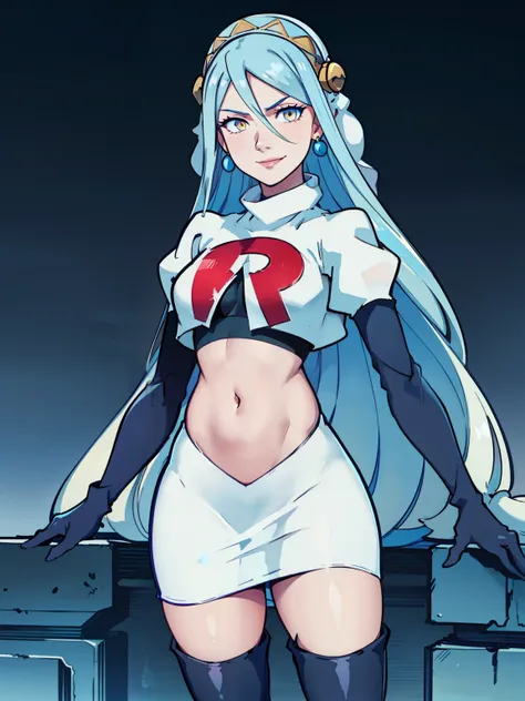 azura (fire emblem), yellow eyes ,earrings ,glossy lips, blue eye shadow, makeup ,team rocket uniform, red letter R, white skirt,white crop top,black thigh-high boots, black elbow gloves, evil smile, background