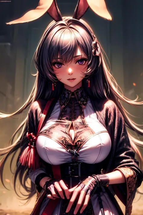 (highly detailed:1.3),
april_ak,rabbit ears, dark grey long hair,purple eyes,dress,gloves, 
Ultra-detail,(highres:1.1),best quality,(masterpiece:1.3),cinematic lighting,large breast，black glove