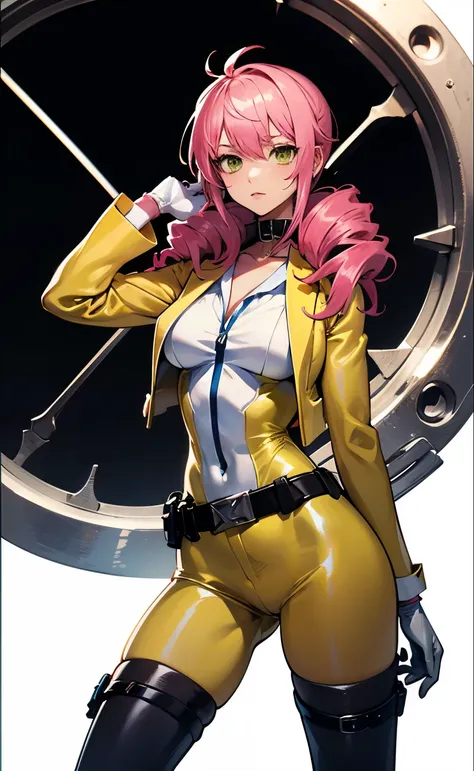 masterpiece, best quality, 1girl, drill hair, pink platinum hair, ((yellow suit:1.4)), ((white collar)), gray gloves, slender wa...