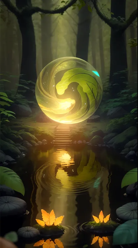 Miracle of glowing lake whirlpool inside the forest，masterpiece, the best quality, stunning reflection, best reflection ever. (Very detailed CG unified 8k wallpaper), (best quality), (Best Illustration), forest theme with natural elements. tall trees, quie...