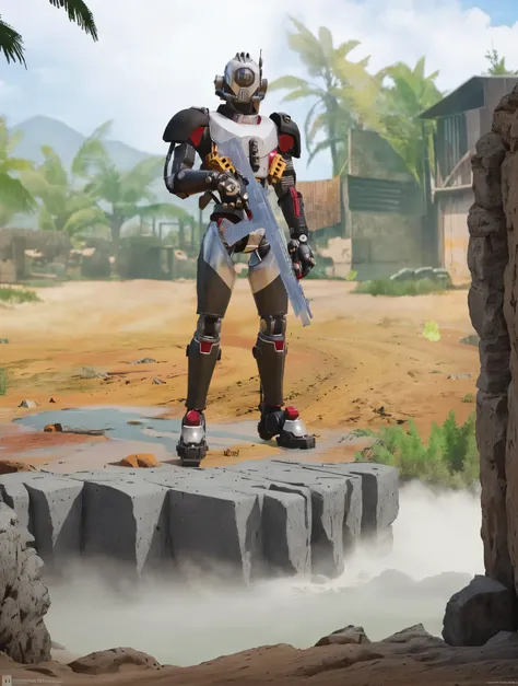 robot arafé debout dans une zone de terre avec un bâtiment en arrière-plan, Dans le style des légendes apex, Wraith de Apex Legends, Armure Apex Legends, Loba Andrade des légendes Apex, personnage de légendes apex, porte une armure de puissance, Recouvert ...