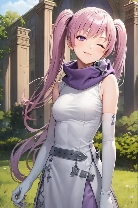 masterpiece, best quality, serra, purple eyes, long white dress, sleeveless, elbow gloves, purple scarf, belt, upper body, field...