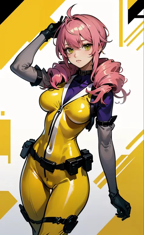 masterpiece, best quality, 1girl, drill hair, pink platinum hair, ((yellow bodysuit:1.4)), ((white collar)), gray gloves, slender waist, wide hips,