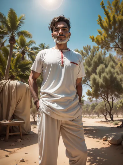 A men wearing white pyjama and white rajasthani shirt and white pagdi on the head at desert area two three three in background sunny day. Realistic face photo, high resolution