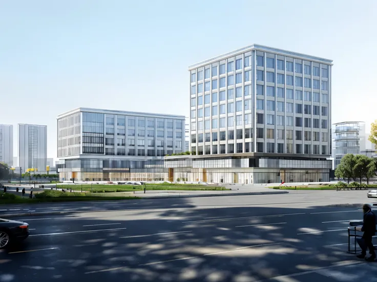 ((best quality)), ((masterpiece)), ((Reality)),bule-sky,Commercial Building,architectural design,There is a square in front of the building,In front of the square is the road,There is a lot of traffic on the road,There are many people in the square,There a...