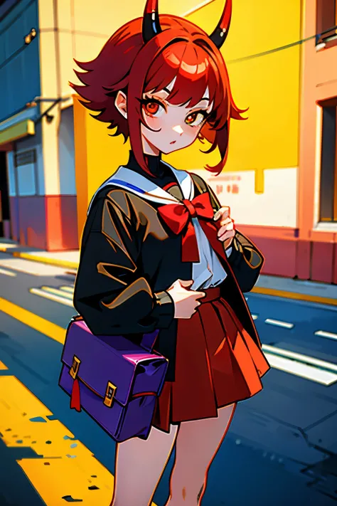 1 beautiful girl、demon high school girl、whole body、high school girl uniform、Demon horn、short hair、red hair、micro mini skirt、golden eyes、Big eyes、cute eyes、building street、