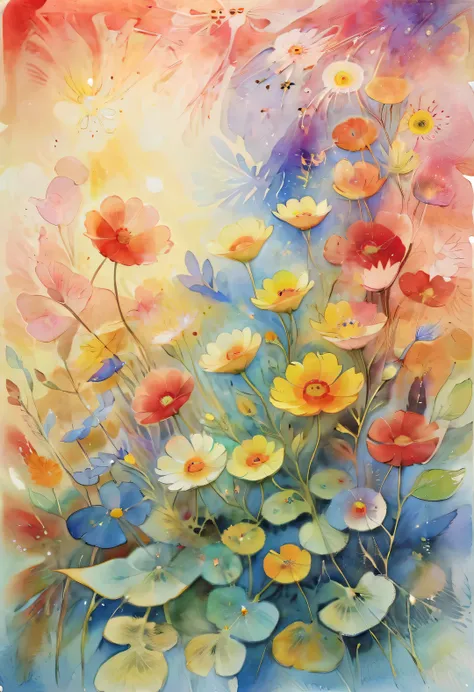 beautiful wildflower watercolor painting, multiple colour, peace and beauty, close up angle, low lens, wide angle, teamlab, klim...