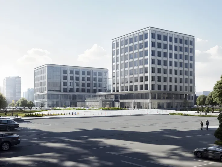 ((best quality)), ((masterpiece)), ((Reality)),bule-sky,Commercial Building,architectural design,There is a square in front of the building,In front of the square is the road,There is a lot of traffic on the road,There are many people in the square,There a...