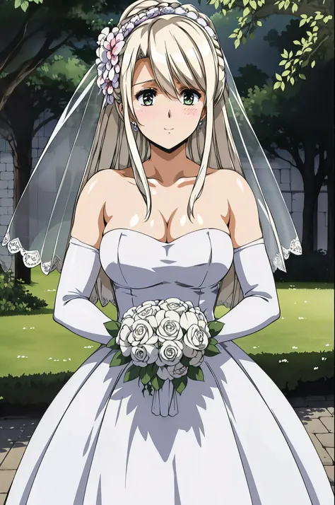 
blonde hair,green_Eye,long_hair,hair_ribbon,hair_between_Eye,Bangs,
 Close-up of beautiful bride wearing beautiful wedding dress,Gurwitz,(bridal veil:1.5），（Transparent short veil：1.5），Blushing face，Head flower，headgear，（tube top wedding dress：1.5），（Silk d...