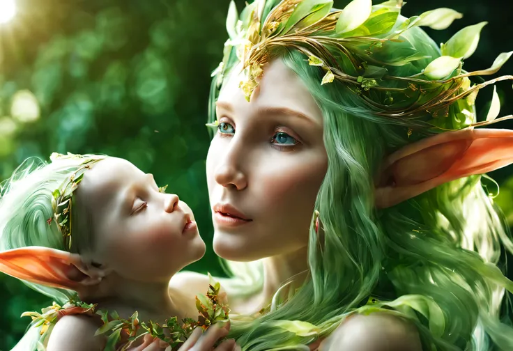 hyper-detailed photograph of a captivating portrait of an elf mother with her baby: 1.2), (sharp focus, hyper-detailed, very com...