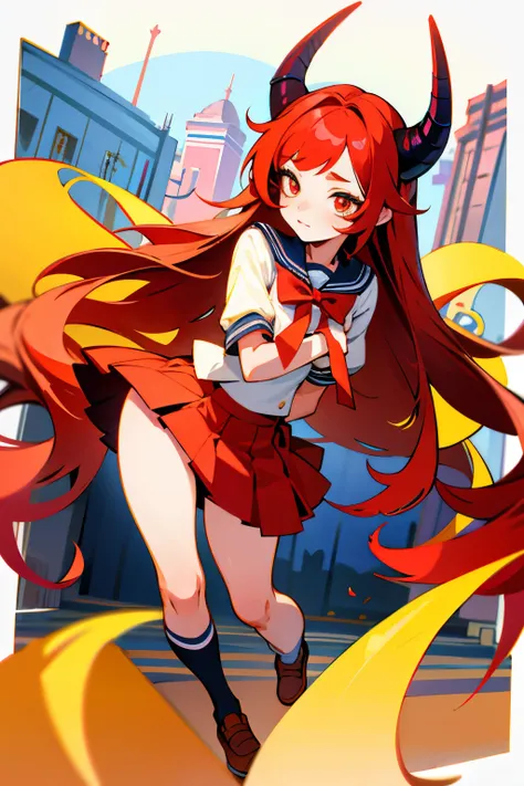 masterpiece、High resolution、4k、1 beautiful girl、demon high school girl、real、whole body、high school girl uniform、Demon horn、long hair、red hair、micro mini skirt、golden eyes、Big eyes、cute eyes、building street、watercolor style、