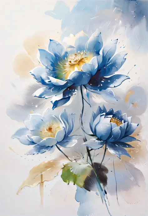 lotus, desmond morris style, detailed,beautiful blue rose watercolor painting, pastel colors, white background, 8k, watercolor p...