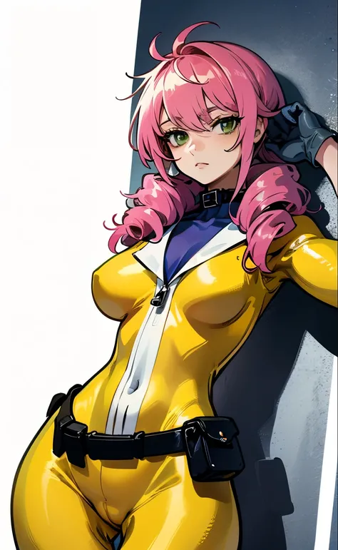 masterpiece, best quality, 1girl, drill hair, pink platinum hair, ((yellow bodysuit:1.4)), ((white collar)), gray gloves, slender waist, wide hips,