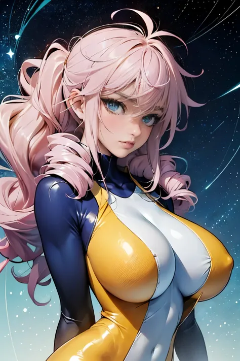 (masterpiece, top quality), (medium),official art, beautiful and aesthetic:1.2),(feldt:1.3), (fractal art:1.3),upper body, gundam00, pink hair, yellow bodysuit, from side, (slendered abs:1.2), looking at viewer,(((starry sky))), stars in the background, pu...