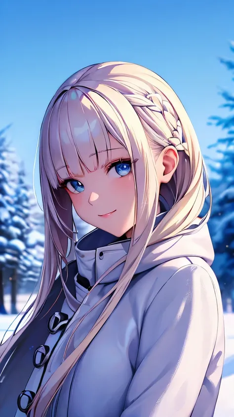 (masterpiece), (best quality), 1girl, (perfect face:1.2), (beautiful face:1.2), platinum blonde hair, (from under, upper body:1.3), happy, light smile, looking at viewer, pose, 
winter coat, outdoors, winter, snow, night time, intricate, depth of field, ci...