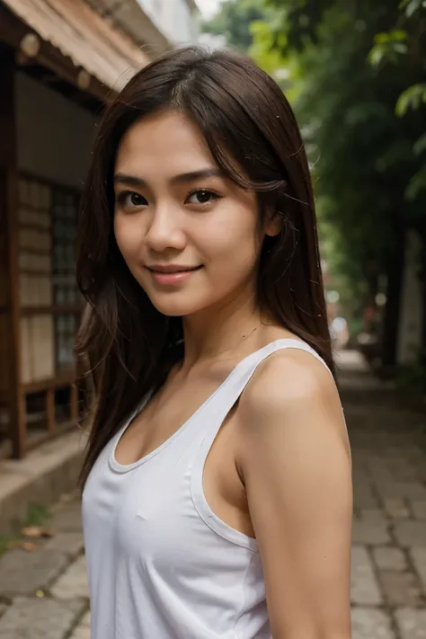 beautiful thai girl, with long dark brown hair, wearing white tank top, realistic, facing forward, half body photography, outside, smile