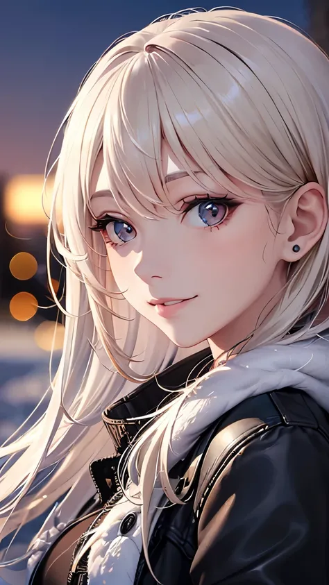 (masterpiece), (best quality), 1girl, (perfect face:1.2), (beautiful face:1.2), platinum blonde hair, (from under, upper body:1.3), happy, light smile, looking at viewer, pose, 
winter coat, outdoors, winter, snow, night time, intricate, depth of field, ci...