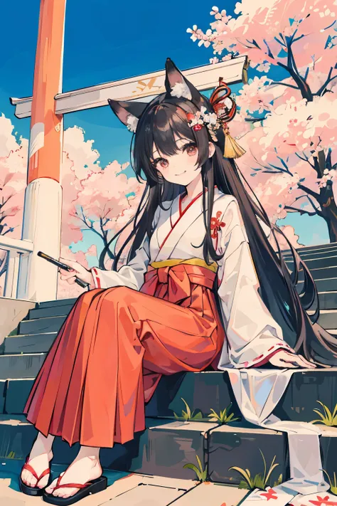 the lady is sitting on the steps with traditional japanese attire, 1girl, japanese clothes, stairs, torii, animal ears, miko, solo, black hair, long hair, sitting, fox ears, outdoors, hair ornament, flower, hakama, hair flower, red hakama, hakama skirt, lo...