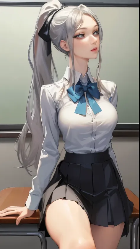 masterpiece, exquisite, (realistic, woman alone, alone, beautiful face, slender face, beautiful eyes), (breast) persona 3, female, big, G cup, silver hair, long hair, ponytail, school uniform, deep V neck, mini skirt, school classroom, slit eyes