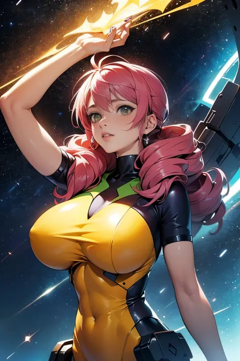 (masterpiece, top quality), (medium),official art, beautiful and aesthetic:1.2),(feldt:1.3), (fractal art:1.3),upper body, gundam00, pink hair, yellow bodysuit, from side, (slendered abs:1.2), looking at viewer,(((starry sky))), stars in the background, sh...