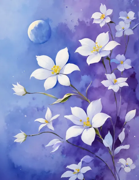 Full color wallpaper with violet background, white flower, Adopt Xiao Feiyue style, muted tones, The beauty of peace and tranquility, Dark white and light blue, colorful, high resolution, watercolor painting,