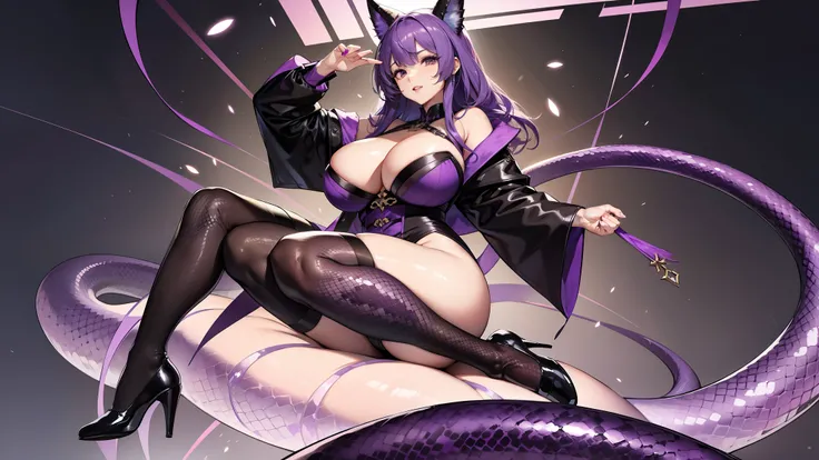 purple snake hair，，Plump figure，black stockings，emphasize，big。