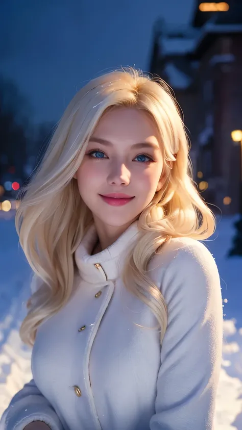 (masterpiece), (best quality), 1girl, (perfect face:1.2), (beautiful face:1.2), platinum blonde hair, (from under, upper body:1.3), happy, light smile, looking at viewer, pose, 
winter coat, outdoors, winter, snow, night time, intricate, depth of field, ci...