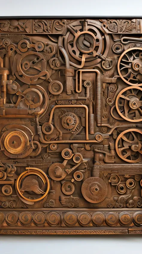 relief stone carvings,old machines of different shapes are connected by rusty pipes,diode,the background is white