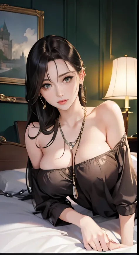 highest quality, masterpiece, ultra high resolution, (reality: 1.4), Original photo, 1 girl, green eyes, off shoulder, cinematic lighting、sexy milf, ボディコン、スパンコール生地、bedroom、(metal chain)